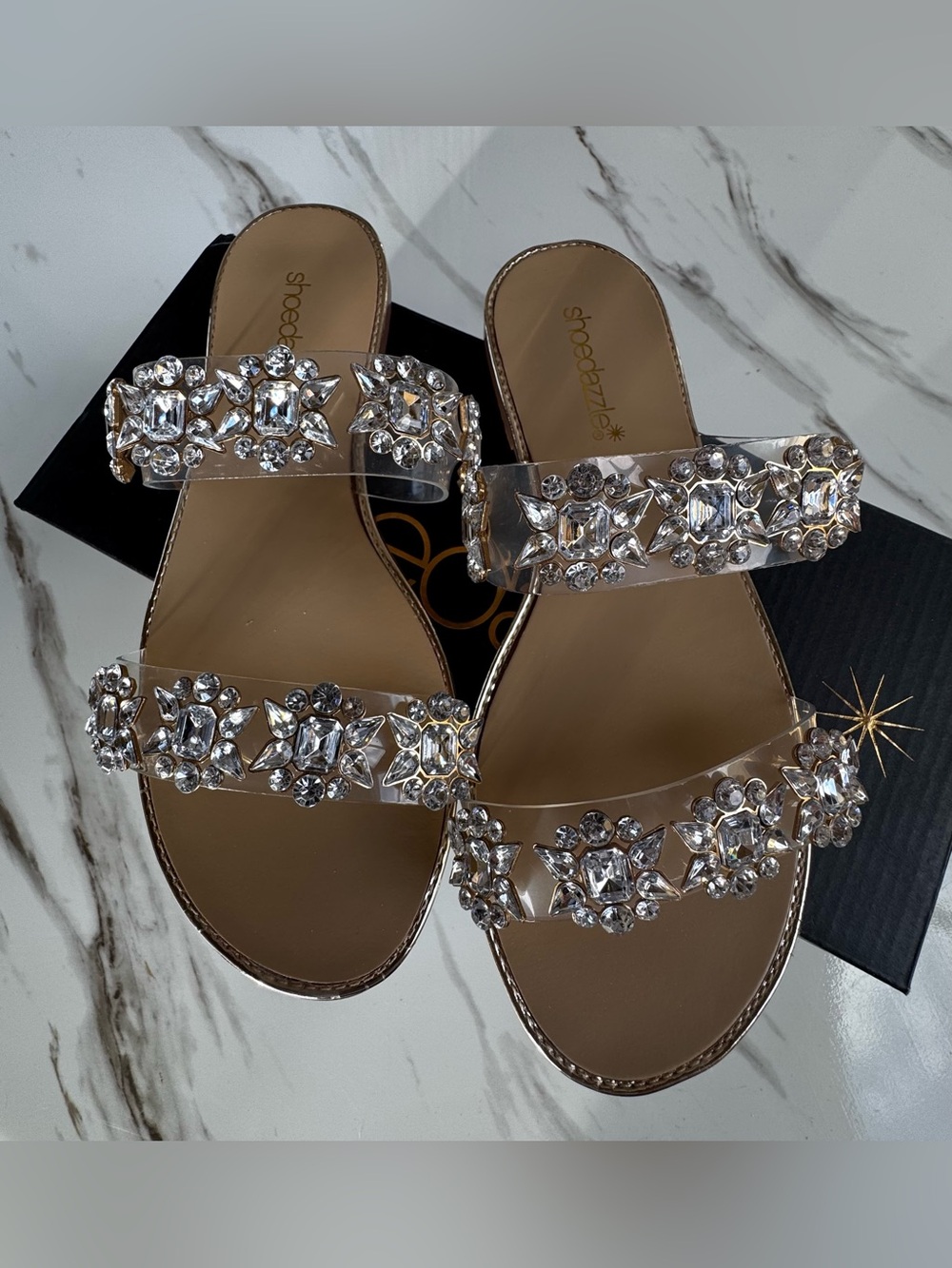 Shoe Dazzle Crystal Embellished Clear Slide Sandals - Tan